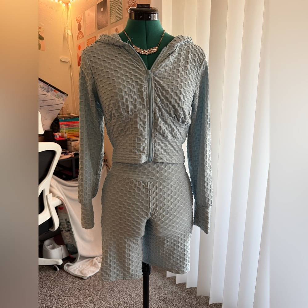 JOLIE & JOY Textured Light Blue Hoodie and Shorts Set